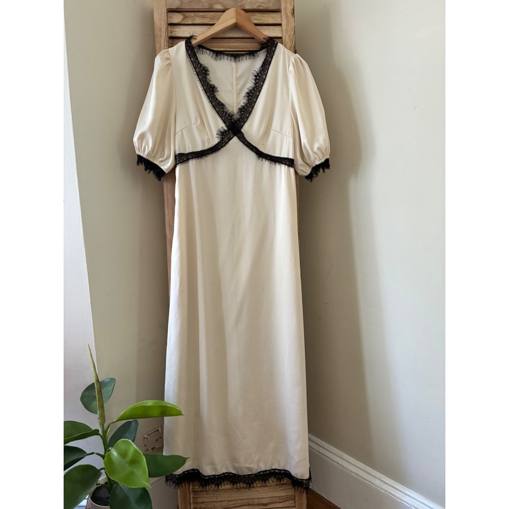 Babydoll Satin Lace Trim Midi Dress Ivory Black Puff Sleeve  Empire Waist Large
